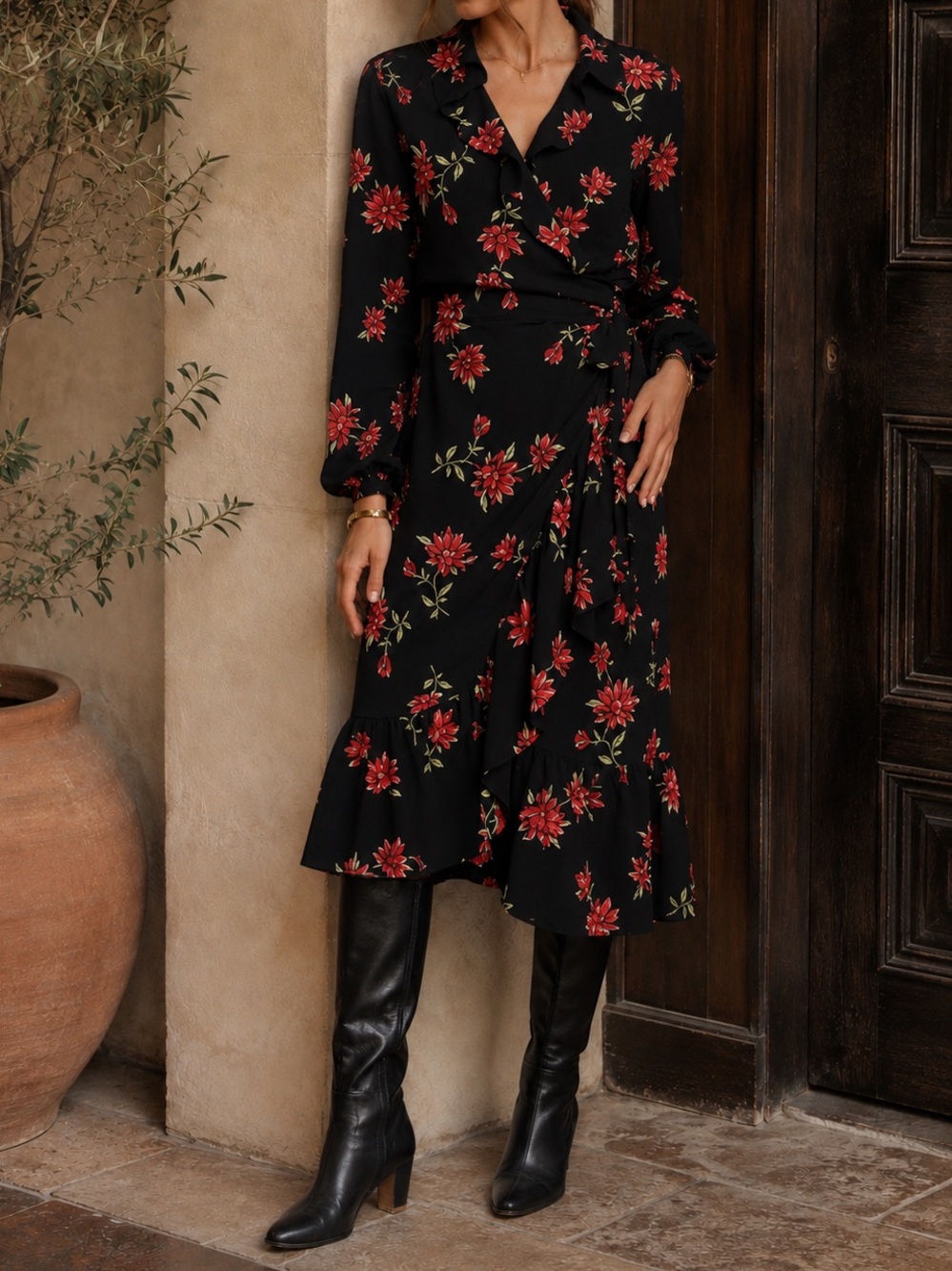 NEW Draper James RSVP Wrap Dress Medium Floral Ruffle Long Sleeve Black Red